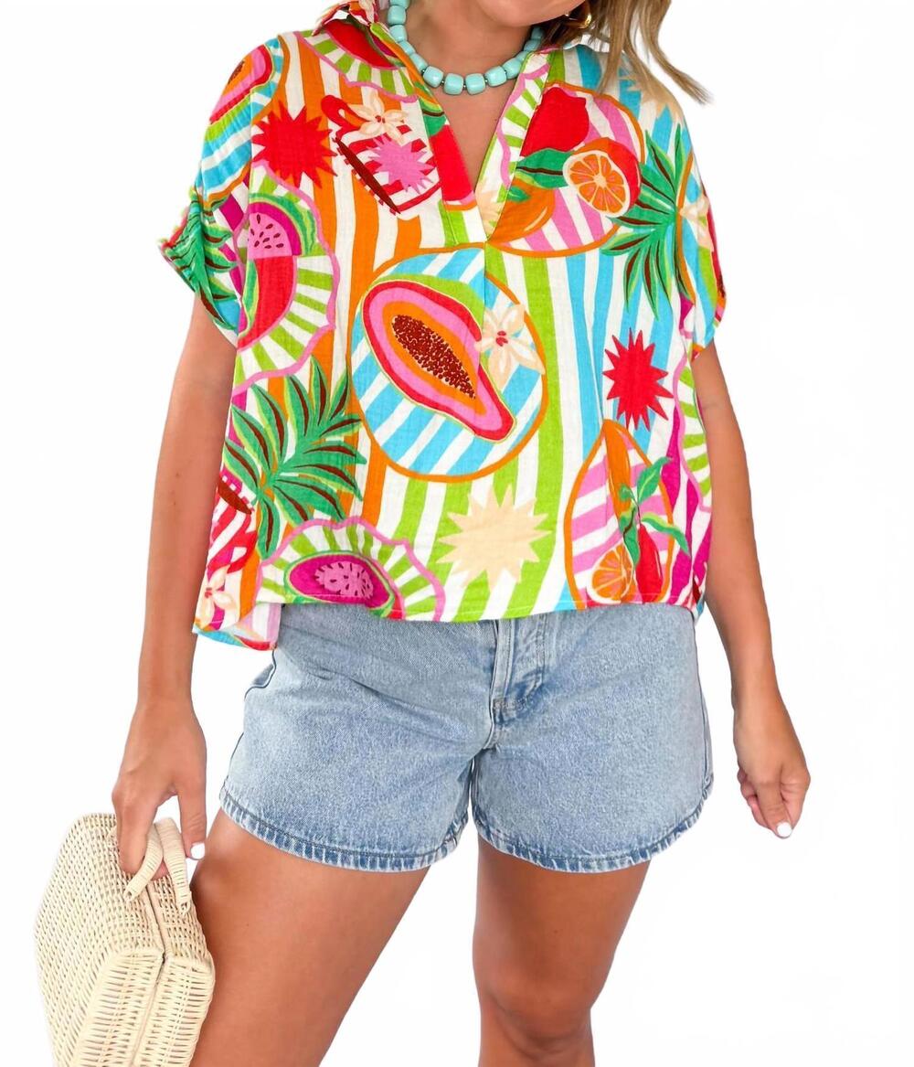 NEW KARLIE island fruit gauze signature collar top in multi
